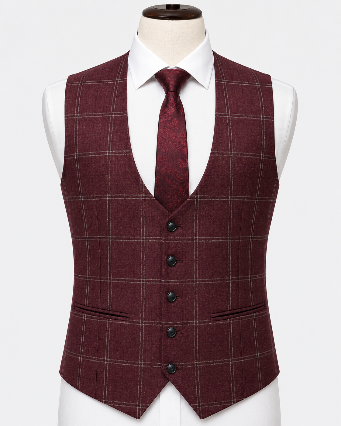 Burgundy Windowpane Check Waistcoat